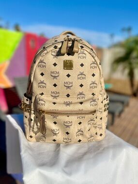 MCM Stark Small Visetos Side Stud Backpack Beige Gold Hardware